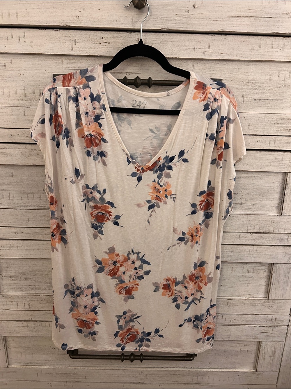 Women’s White Floral V-Neck Short Sleeve Tee with Peach & Blue Blooms